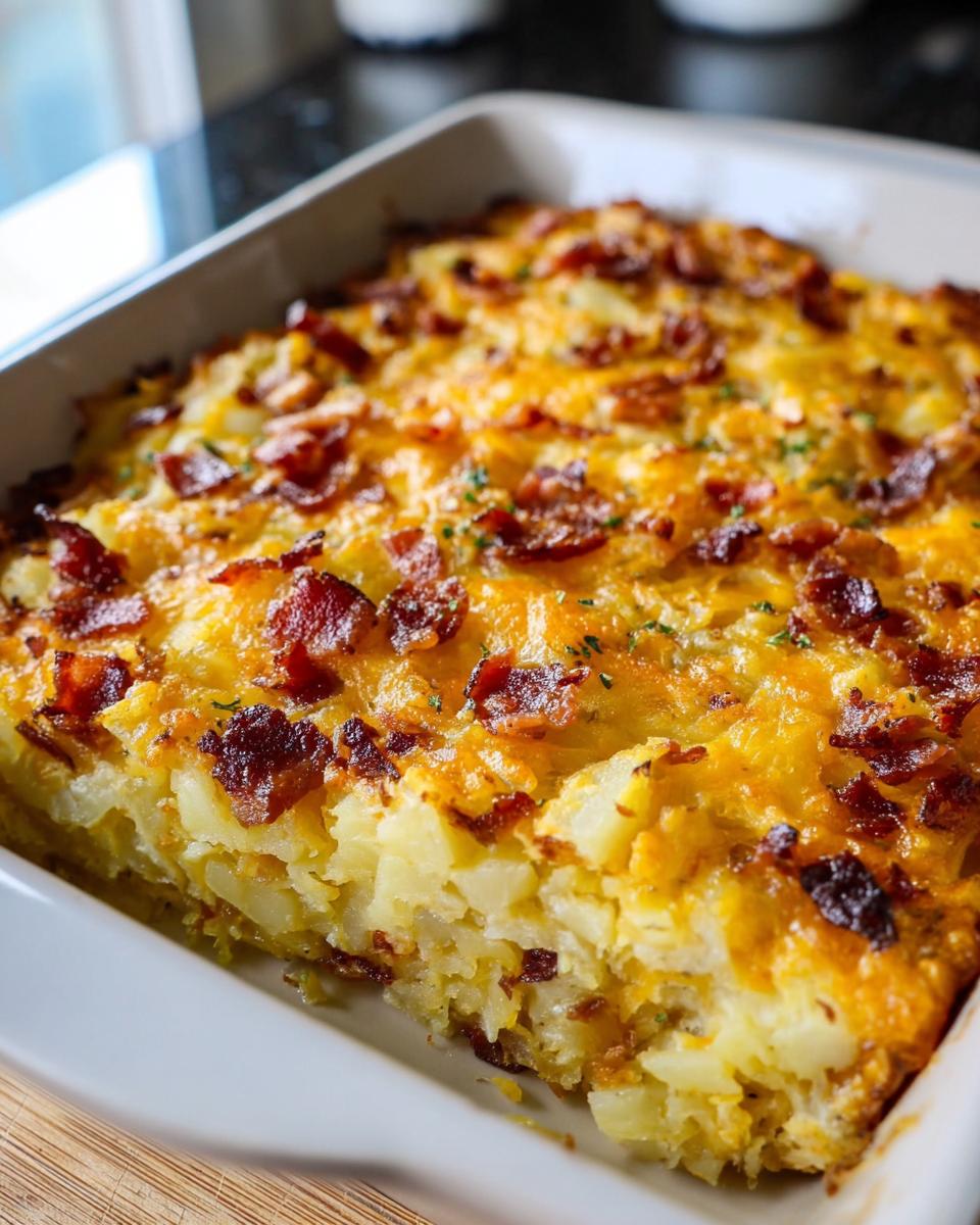 A close-up view of a freshly baked Loaded Breakfast Casserole with Bacon and Potatoes, topped with melted cheddar cheese.