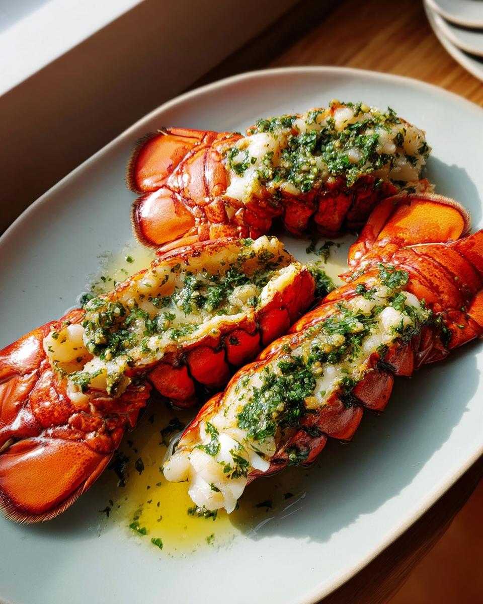 Three cooked lobster tails split open and topped with garlic lemon butter sauce and fresh parsley.