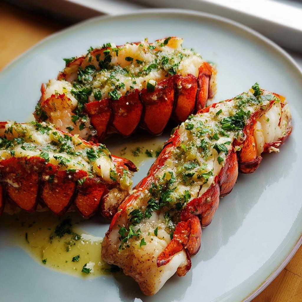 Three succulent lobster tails cooked and topped with a rich garlic lemon butter sauce and fresh parsley.