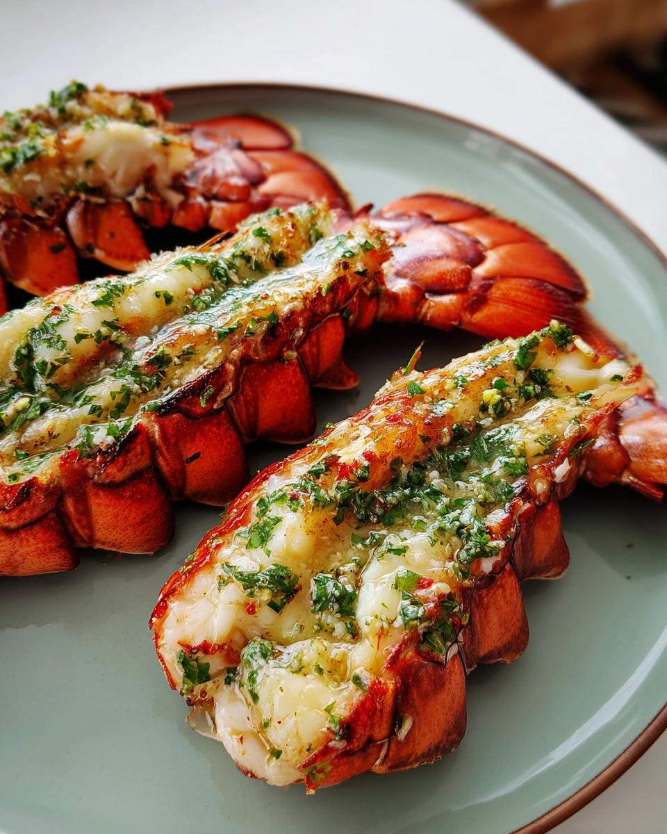 Close-up of cooked lobster tails topped with garlic lemon butter and fresh parsley.