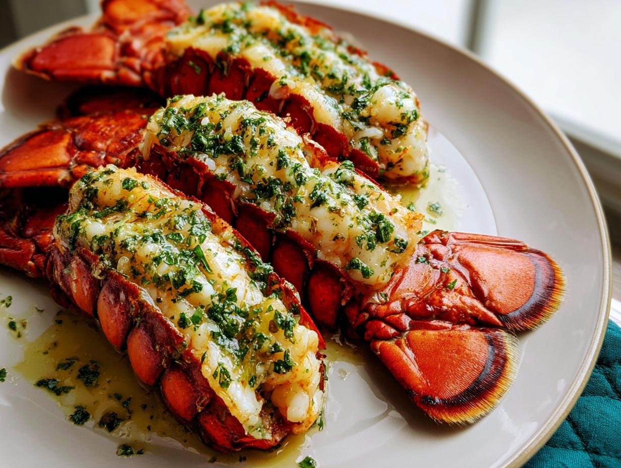 Three cooked lobster tails topped with garlic lemon butter sauce and fresh parsley, ready to eat.