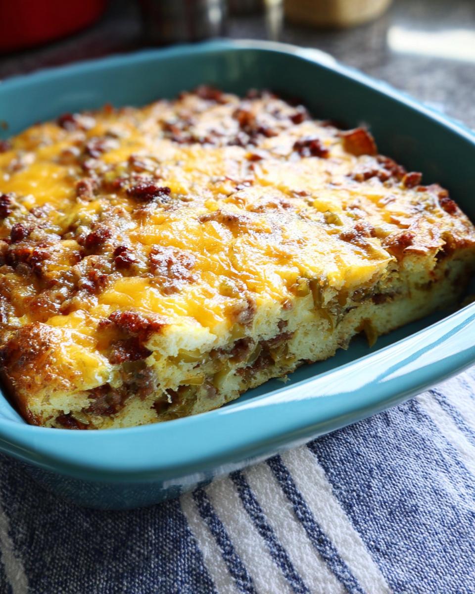 A close-up view of a baked Make-Ahead Breakfast Strata with Bread & Cheese, showing a cheesy, sausage-filled cross-section in a blue dish.