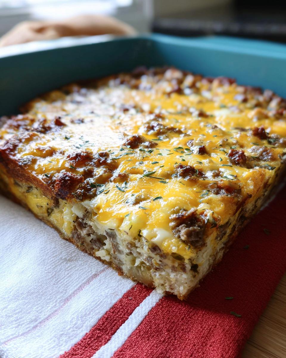 A square slice of Make-Ahead Breakfast Strata with Bread & Cheese topped with melted cheddar and sausage.