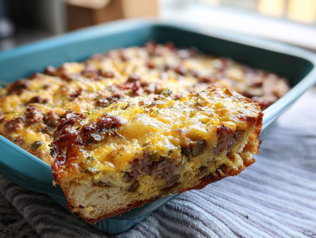 A close-up slice being lifted from a baking dish of Make-Ahead Breakfast Strata with Bread & Cheese, showing layers of bread, sausage, and melted cheddar.