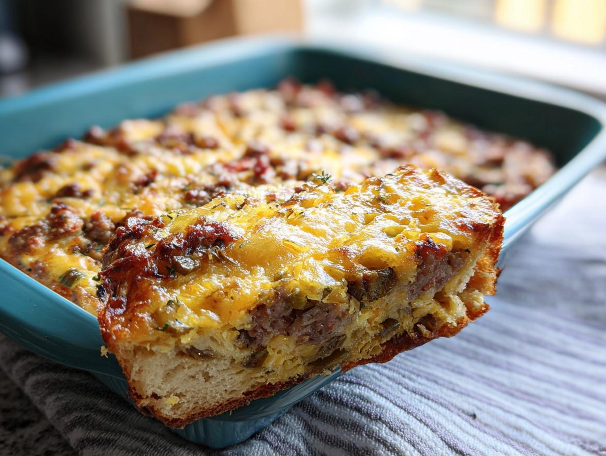 A close-up slice being lifted from a baking dish of Make-Ahead Breakfast Strata with Bread & Cheese, showing layers of bread, sausage, and melted cheddar.