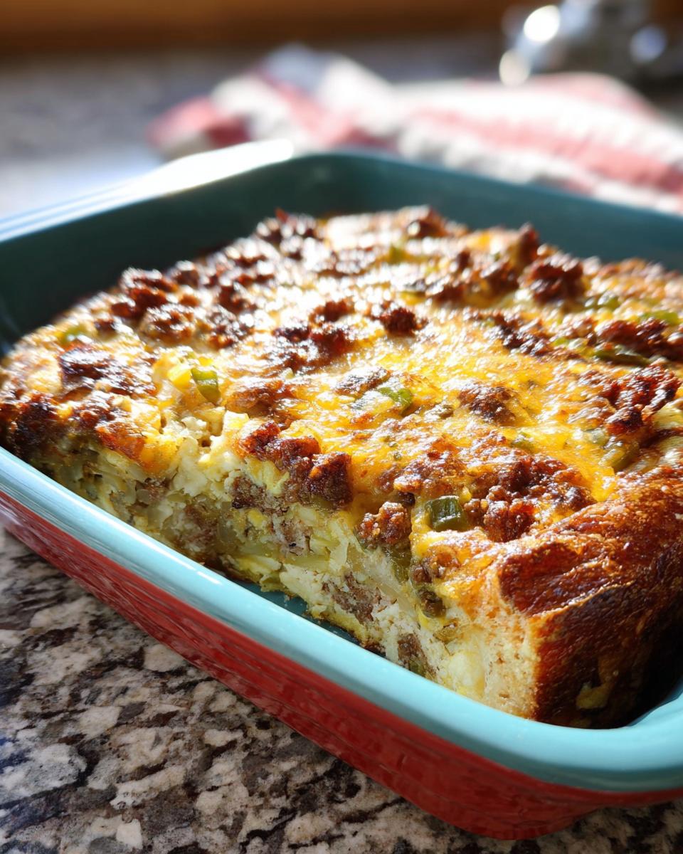Close-up of a baked Make-Ahead Breakfast Strata with bread, sausage, and melted cheese in a colorful baking dish.