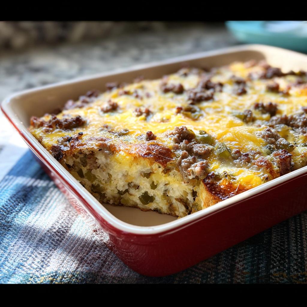 A square portion of Make-Ahead Breakfast Strata with bread & cheese, topped with sausage and melted cheddar.