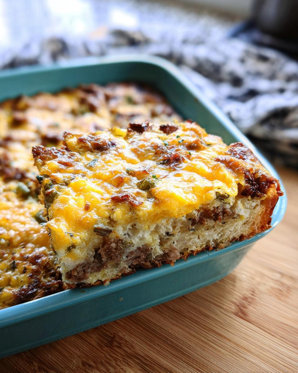 A thick slice of Make-Ahead Breakfast Strata with bread, cheese, and sausage layers, served in a teal baking dish.