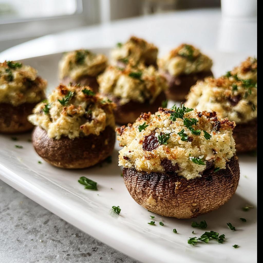 A close-up of baked Stuffed Mushrooms (Make Ahead) with golden, crumbly topping and parsley garnish on a white serving dish.