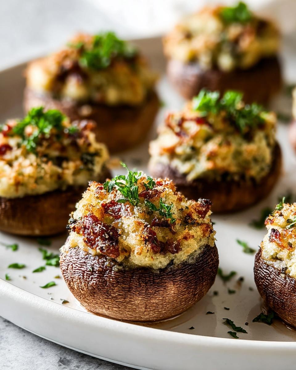 A close-up of several golden-brown Stuffed Mushrooms with a savory, crumbly topping garnished with fresh parsley.