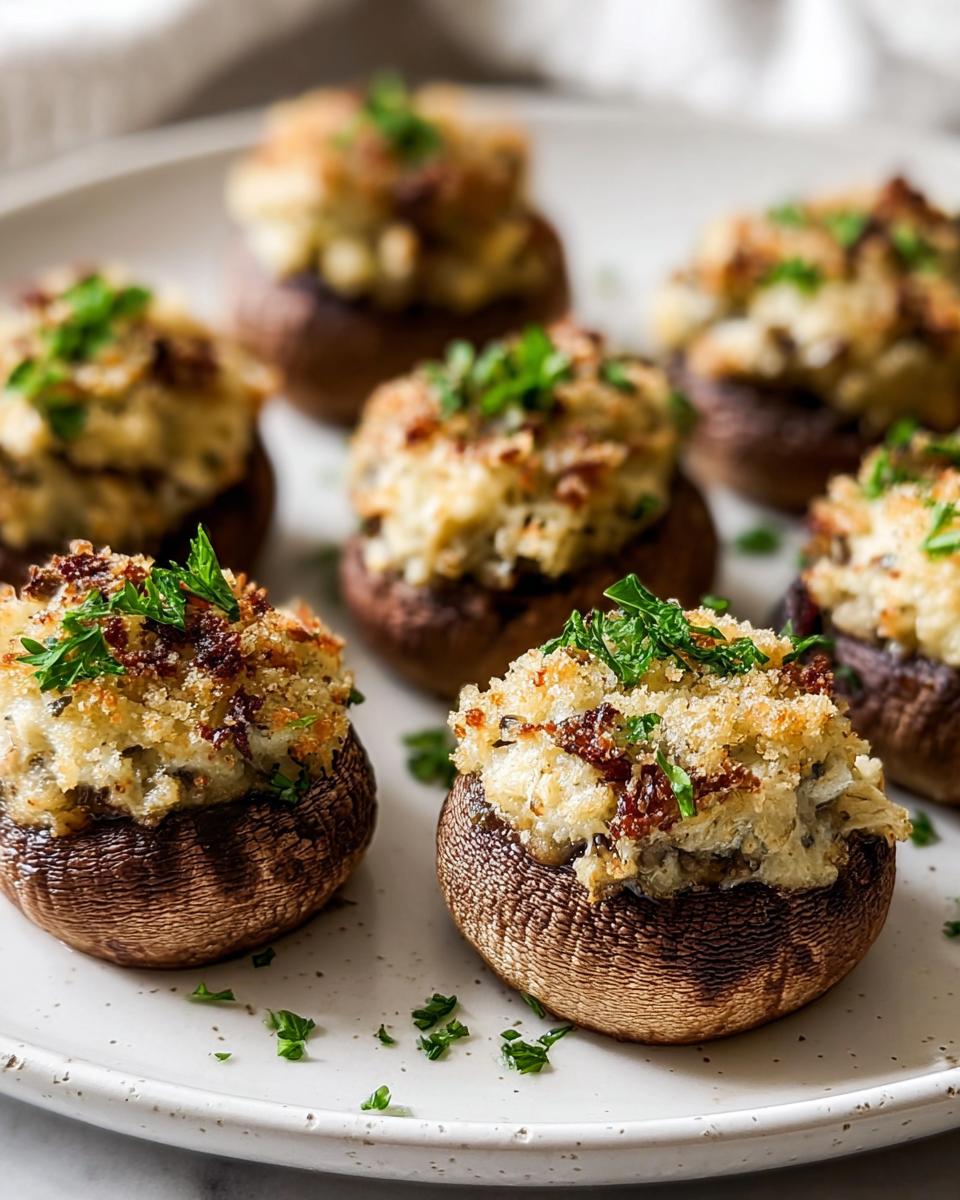 Several perfectly baked Stuffed Mushrooms (Make Ahead) with a golden, crumbly topping garnished with fresh parsley on a white plate.
