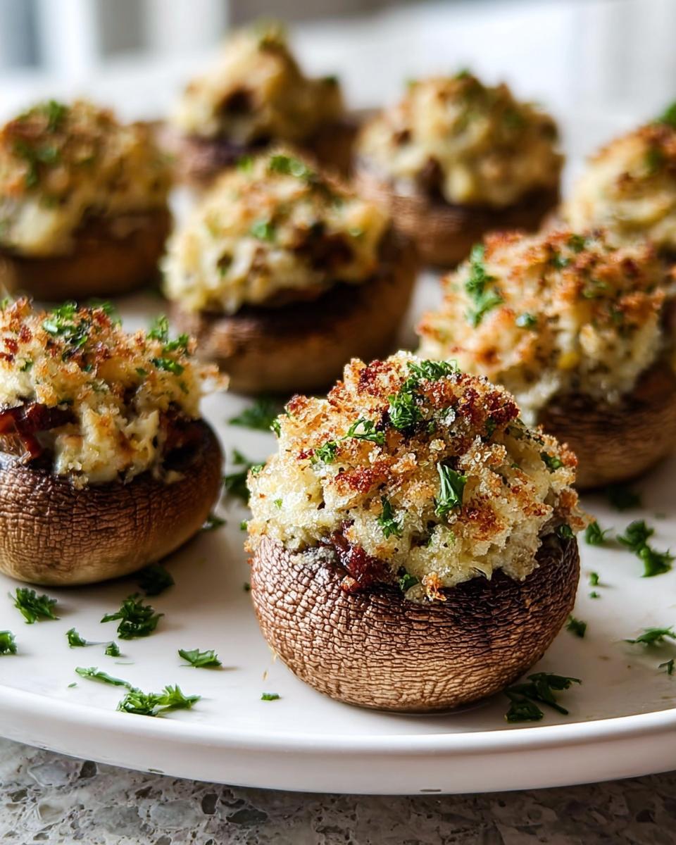 A close-up of baked Stuffed Mushrooms (Make Ahead) featuring a golden, crumbly topping and fresh parsley garnish.