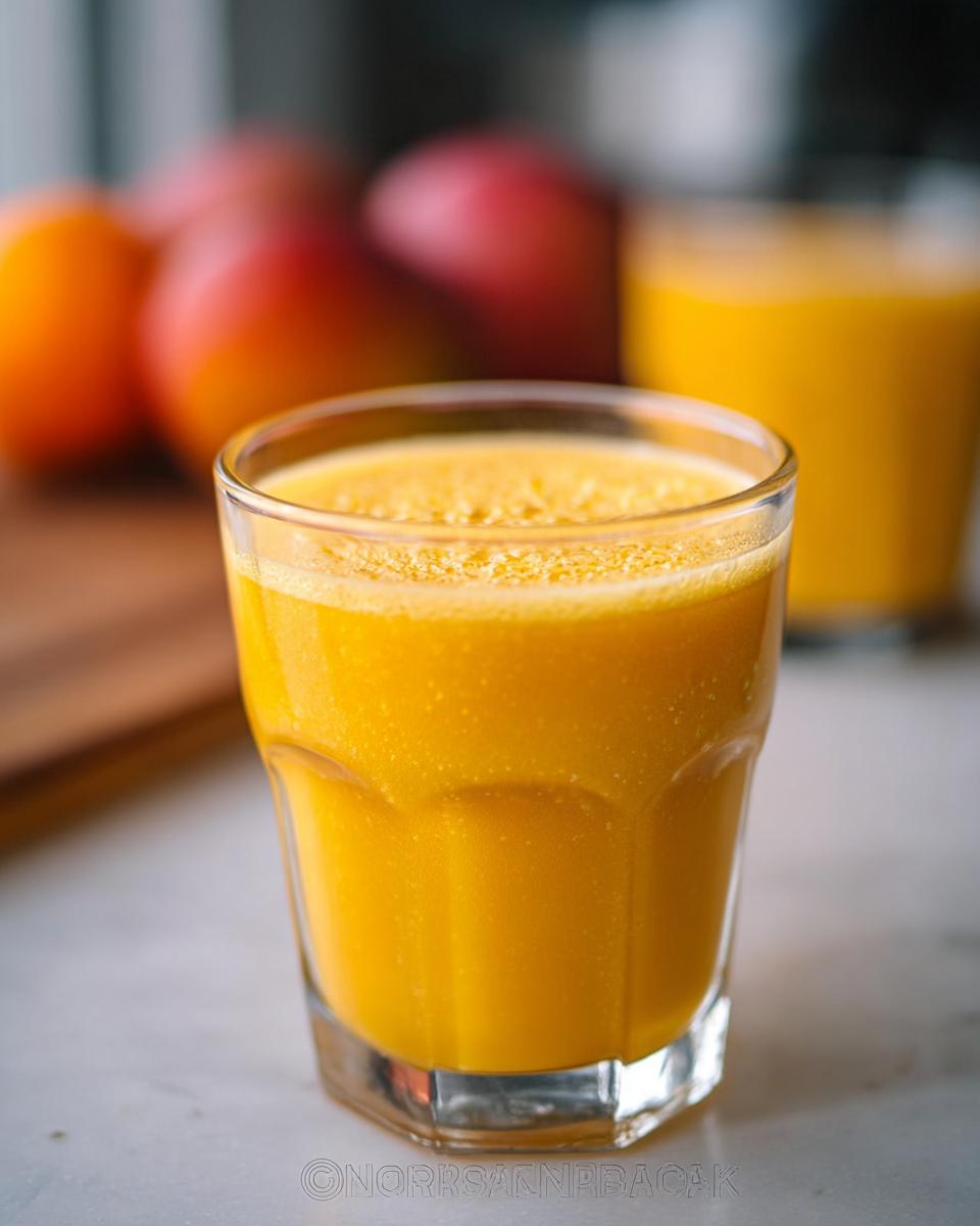Close-up of a glass filled with vibrant orange Mango Pineapple Smoothie, with blurred mangoes in the background.