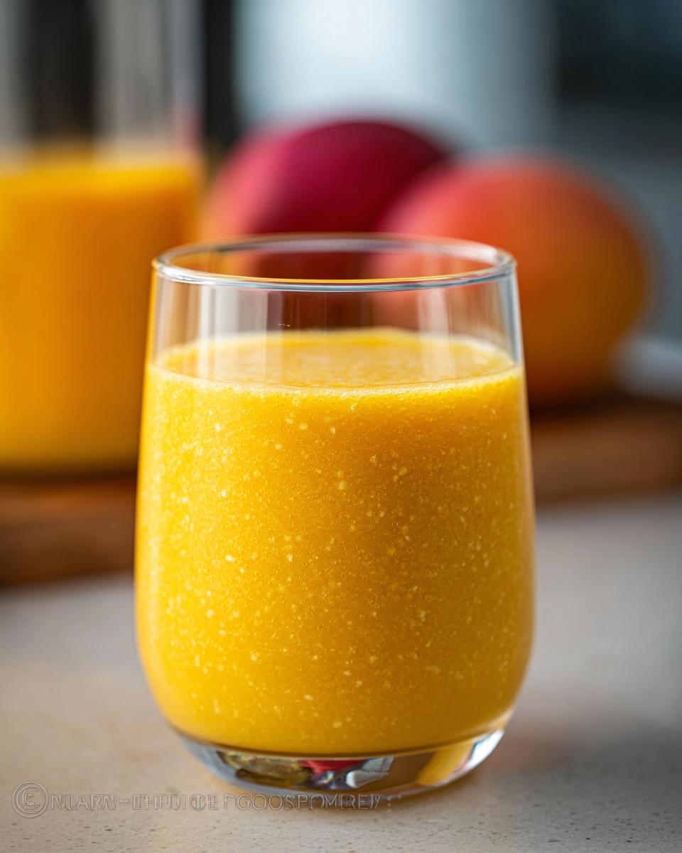 Close-up of a vibrant, thick Mango Pineapple Smoothie served in a clear glass, with blurred fruit in the background.