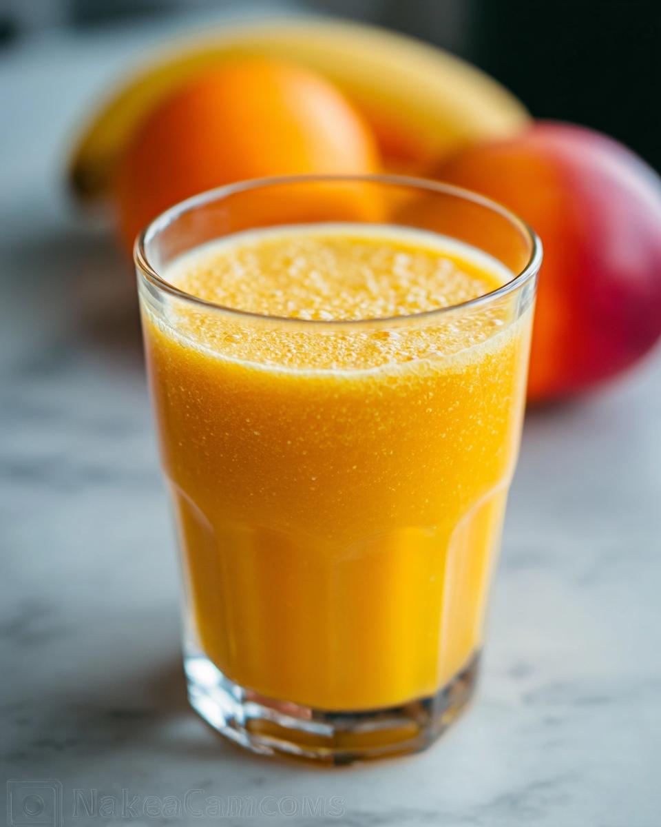 Close-up of a vibrant orange Mango Pineapple Smoothie in a glass, with fresh fruit blurred in the background.