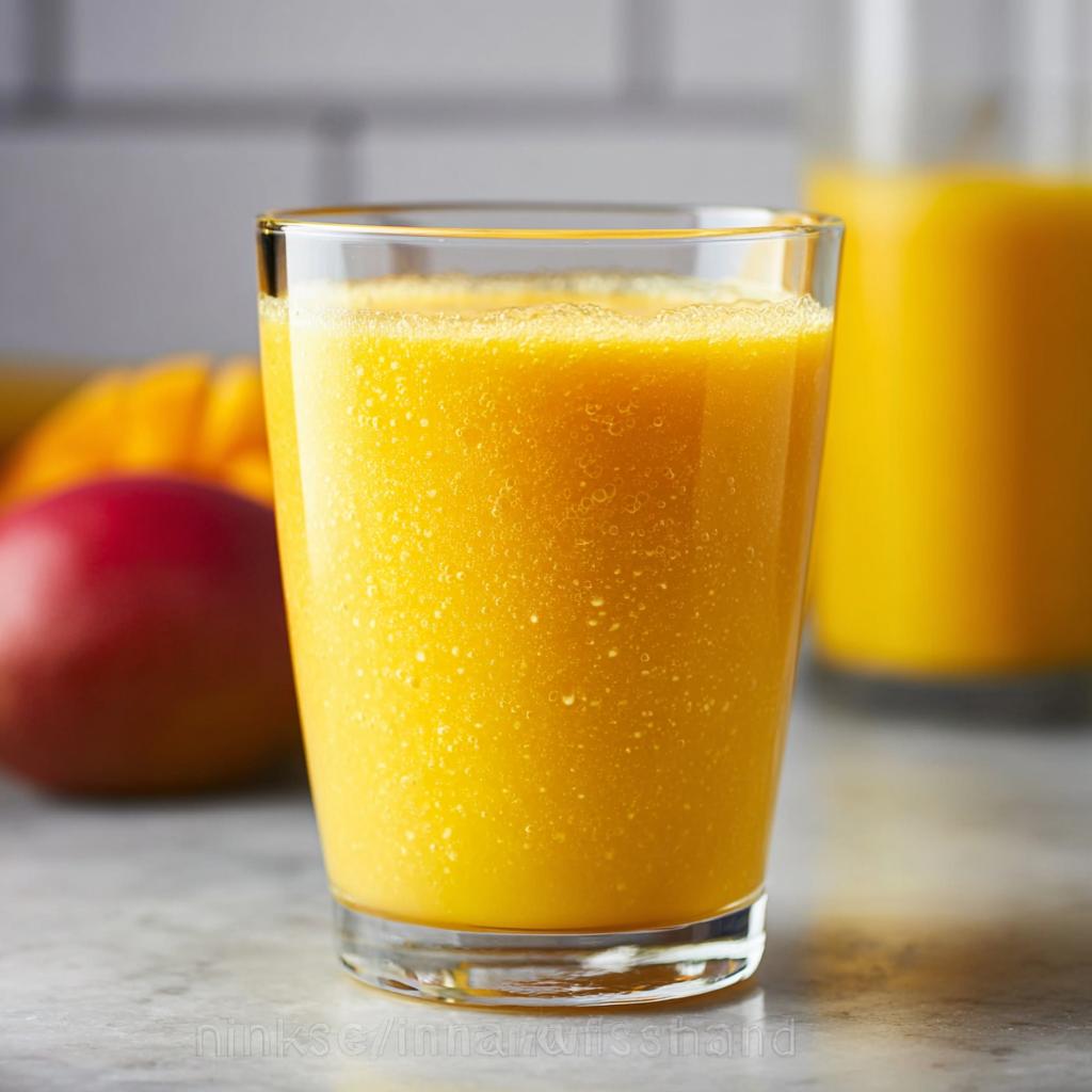 A vibrant, frothy glass of Mango Pineapple Smoothie sits on a counter with fresh mangoes blurred in the background.