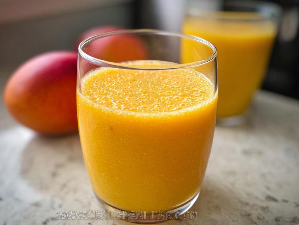 Close-up of a vibrant orange Mango Pineapple Smoothie in a clear glass, with whole mangoes blurred in the background.