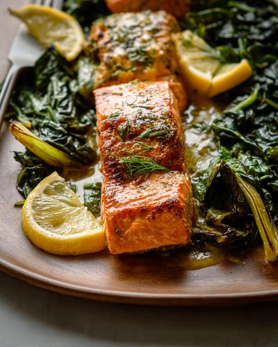 Close-up of a perfectly cooked Maple Dijon Salmon Sheet Pan fillet served with wilted greens and lemon wedges.