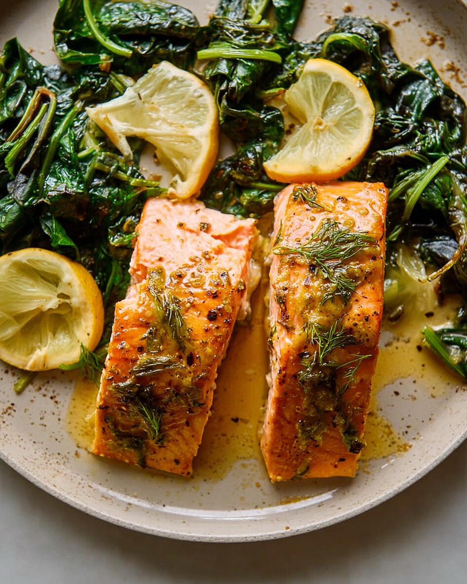 Two pieces of glazed Maple Dijon Salmon Sheet Pan served with wilted spinach and lemon slices.