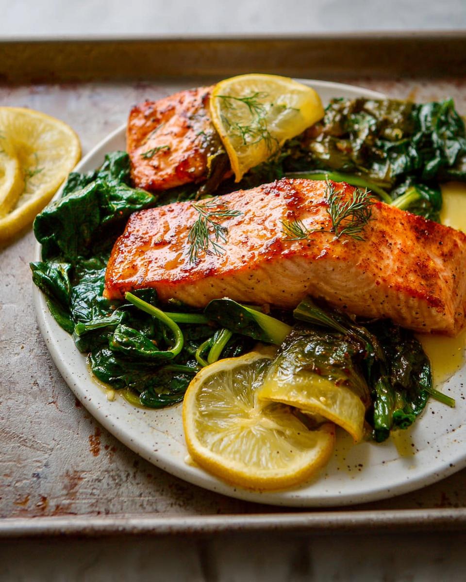 Close-up of a perfectly cooked Maple Dijon Salmon Sheet Pan fillet served over wilted spinach, garnished with lemon slices and dill.