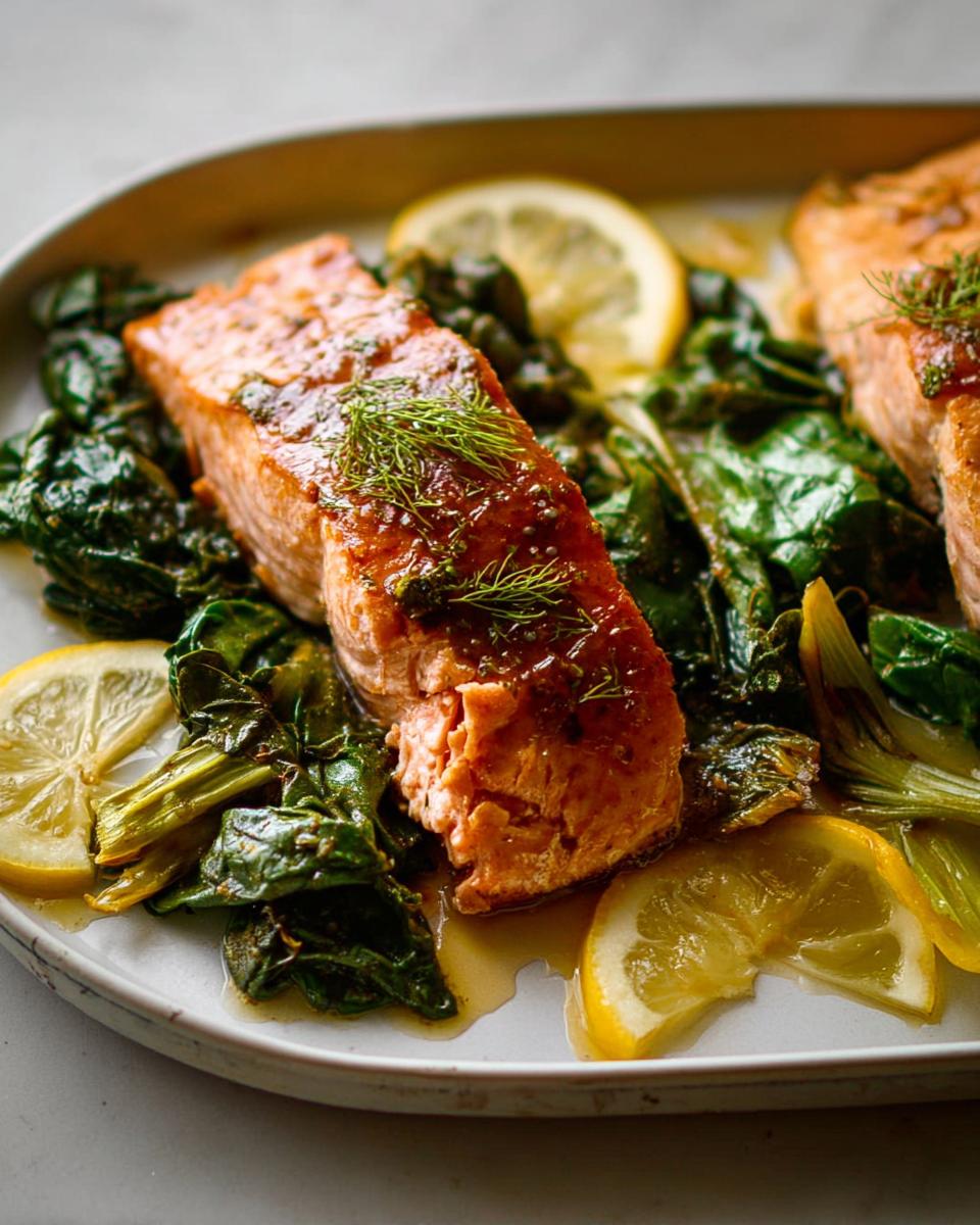 Close-up of a perfectly cooked Maple Dijon Salmon Sheet Pan fillet served over wilted greens and garnished with lemon slices and fresh dill.