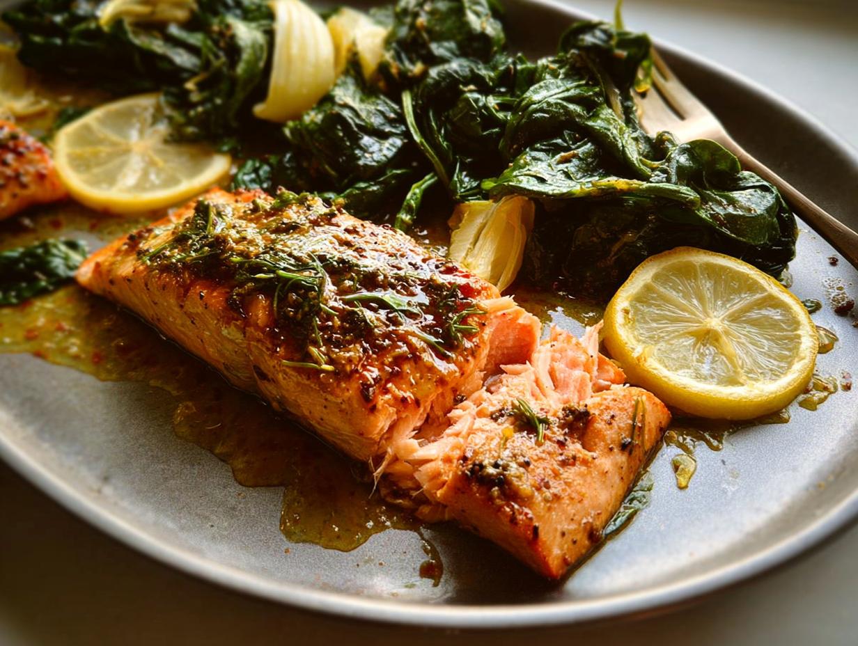 Close-up of a flaky Maple Dijon Salmon Sheet Pan fillet served with wilted spinach and lemon slices.