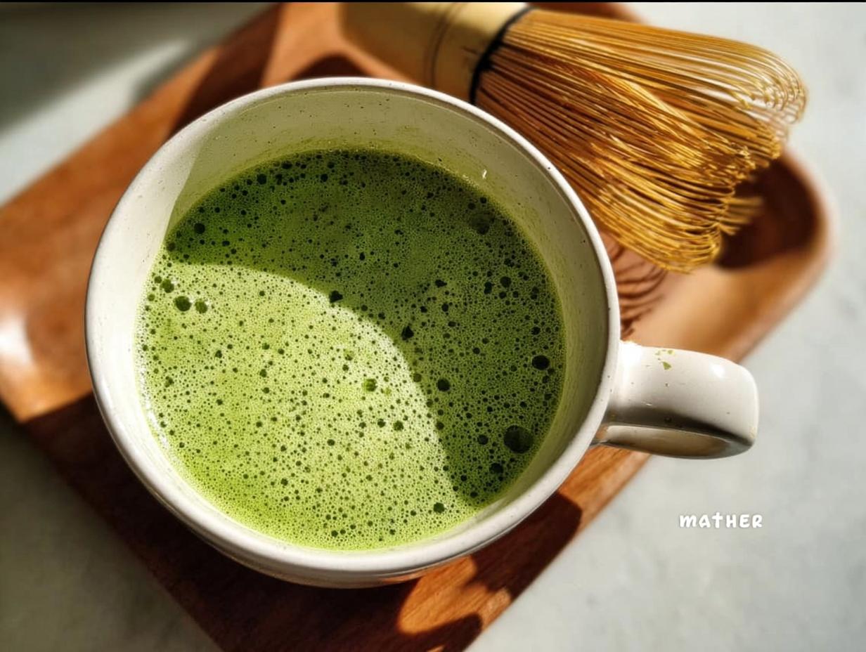 Overhead view of a perfectly frothed Matcha Green Tea Latte in a white mug next to a bamboo whisk.