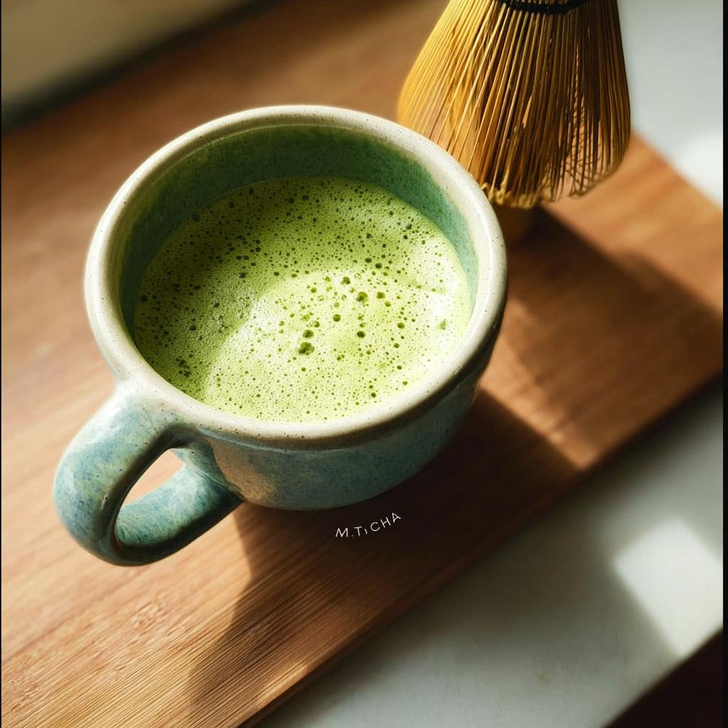 A vibrant green Matcha Green Tea Latte with foam, served in a rustic blue mug next to a bamboo whisk.