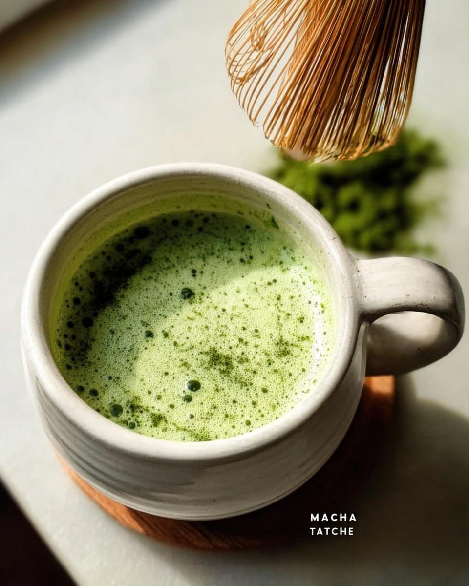 A close-up of a freshly prepared Matcha Green Tea Latte with foam, next to a bamboo whisk.