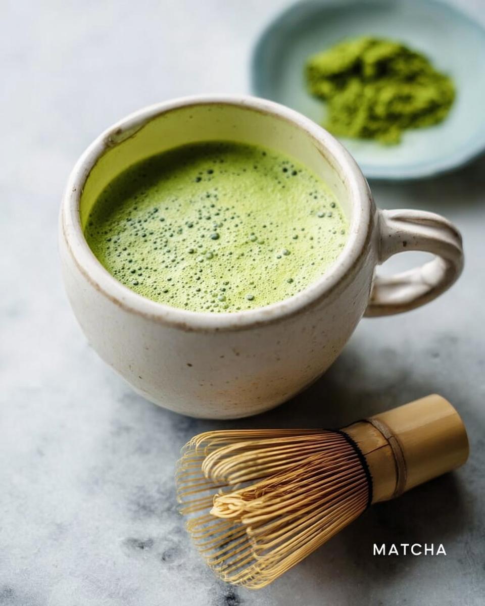 A creamy Matcha Green Tea Latte in a rustic white mug next to a bamboo whisk.