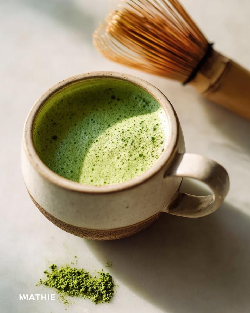 A vibrant green Matcha Green Tea Latte with foam, next to a bamboo whisk and matcha powder.