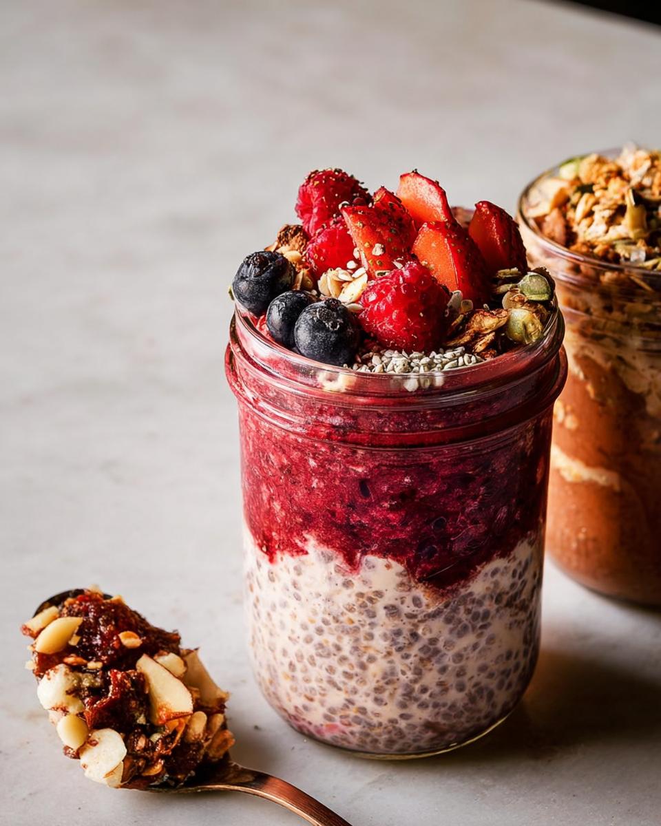Overnight chia pudding with berries and granola, a perfect meal-prep idea for busy weeknights.