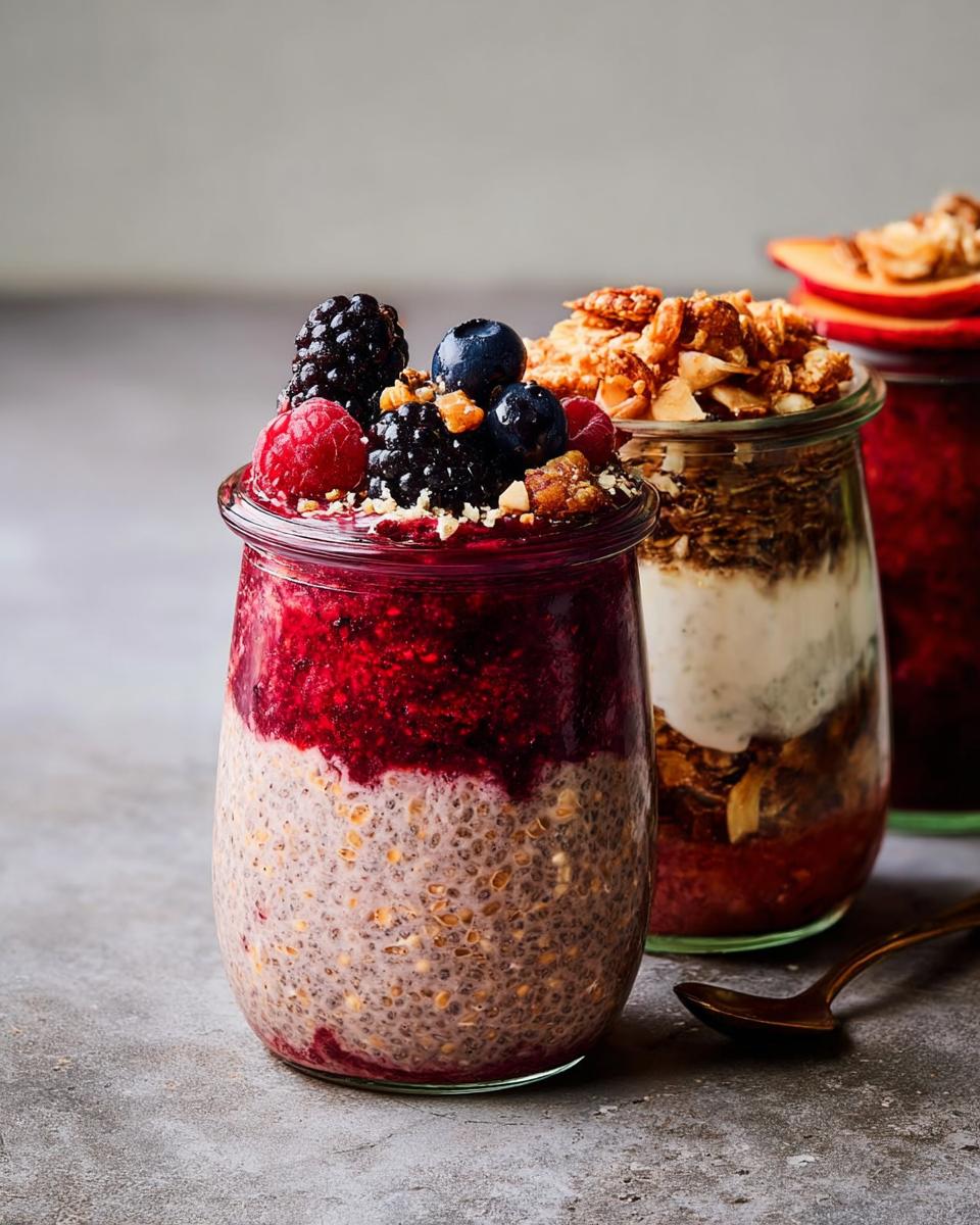 Close-up of chia seed pudding in jars, topped with berries and granola, perfect for busy weeknight dinner ideas.