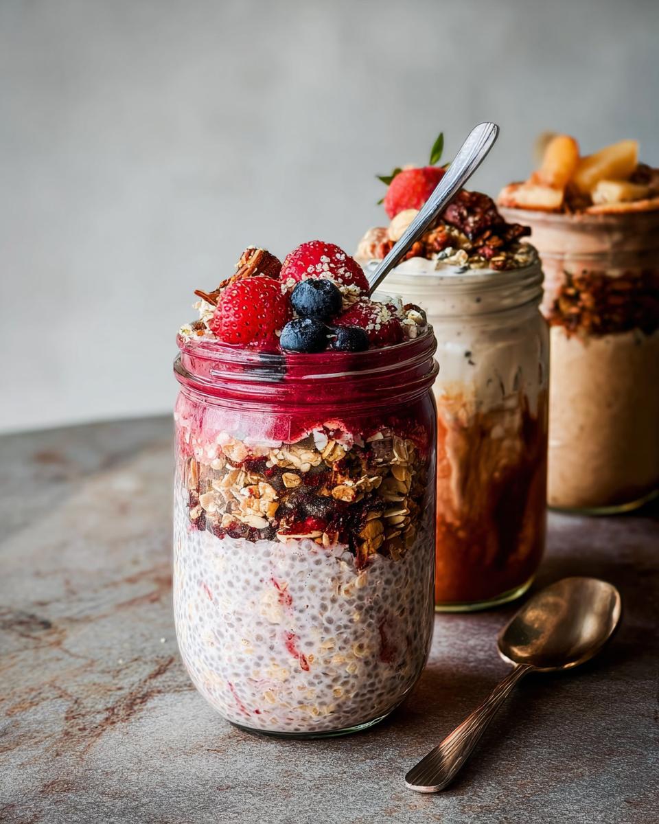 Three jars filled with layered chia pudding, granola, and fruit, perfect for Dinner Ideas for Busy Weeknights.