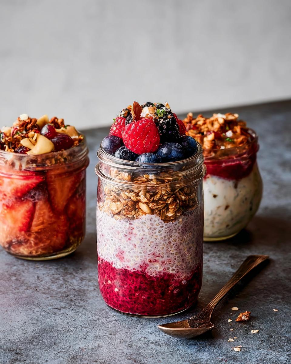 Three mason jars filled with overnight oats, chia pudding, berries, and granola, perfect for busy weeknight dinner ideas.