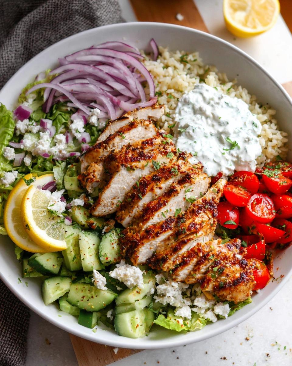 A vibrant bowl featuring sliced grilled Mediterranean Chicken Bowls over rice, topped with tzatziki, tomatoes, cucumber, and red onion.