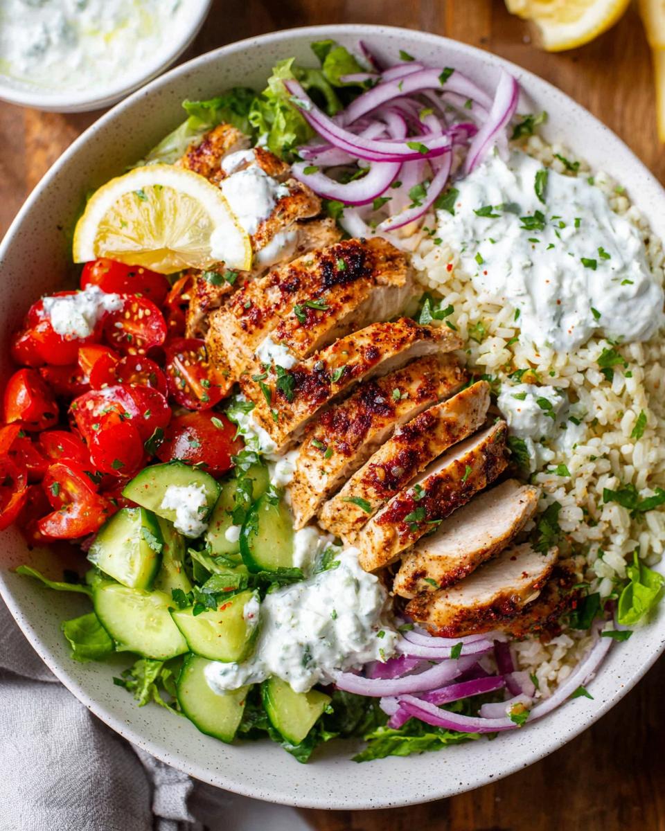 A vibrant bowl featuring sliced seasoned chicken breast over brown rice, topped with tzatziki, cucumbers, tomatoes, and red onion for Mediterranean Chicken Bowls.