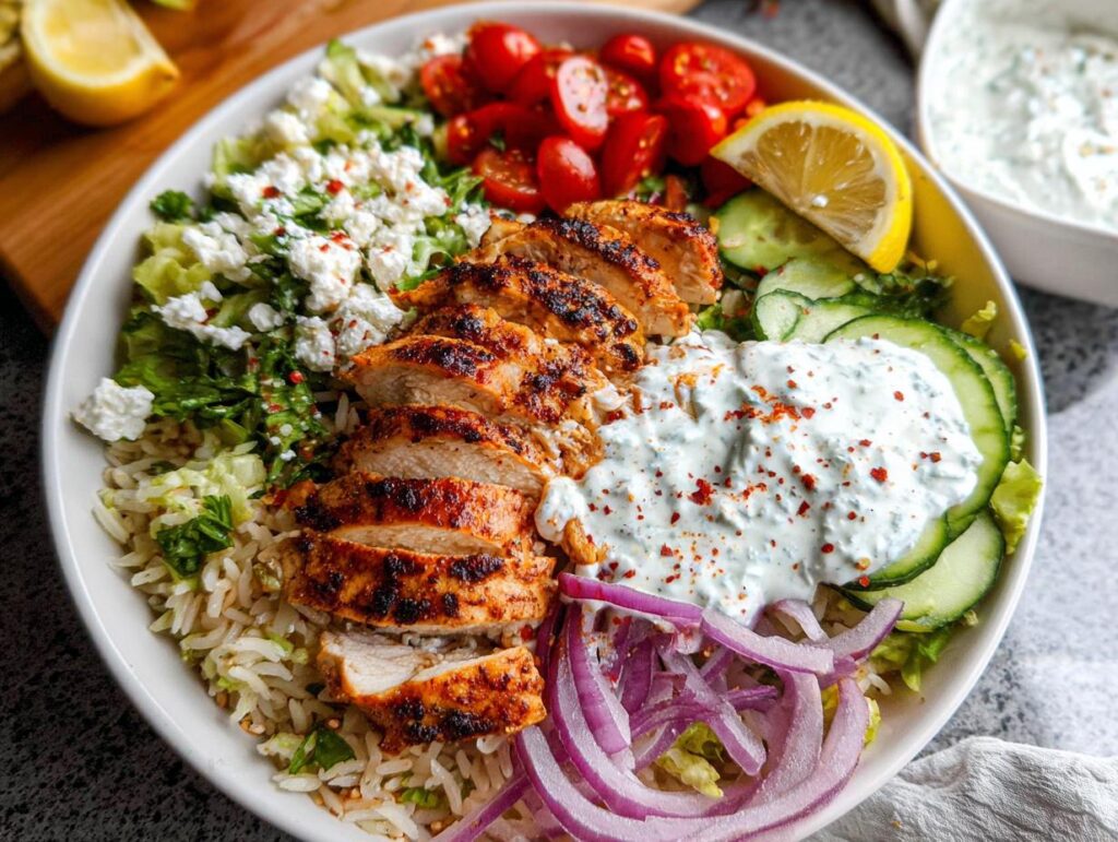 A vibrant bowl featuring sliced grilled chicken, rice, lettuce, tomatoes, cucumbers, feta, and tzatziki sauce, perfect for Mediterranean Chicken Bowls.