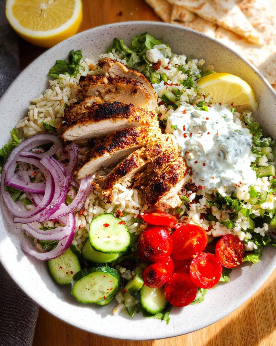 A vibrant bowl of Mediterranean Chicken Bowls featuring sliced grilled chicken, rice, cucumber, tomatoes, red onion, and tzatziki sauce.