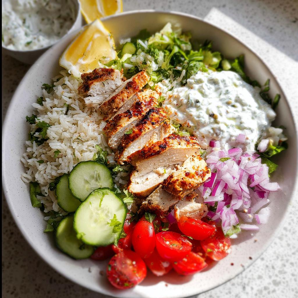 Close-up of sliced, seasoned chicken breast served over rice in a bowl of Mediterranean Chicken Bowls with tzatziki and fresh vegetables.