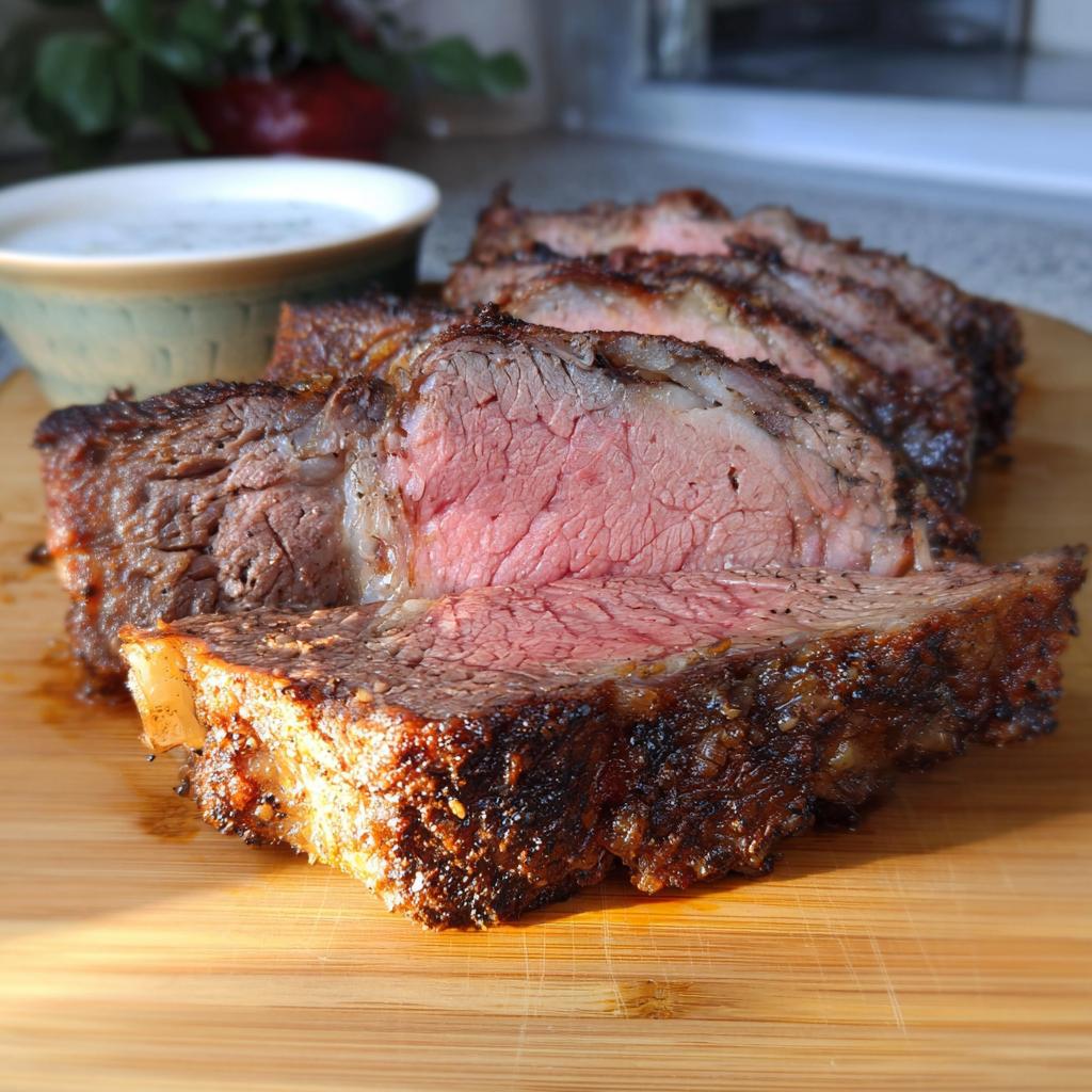 Close-up of thick slices of medium-rare prime rib roast with a dark crust, ready for Prime Rib Time & Temp Chart.
