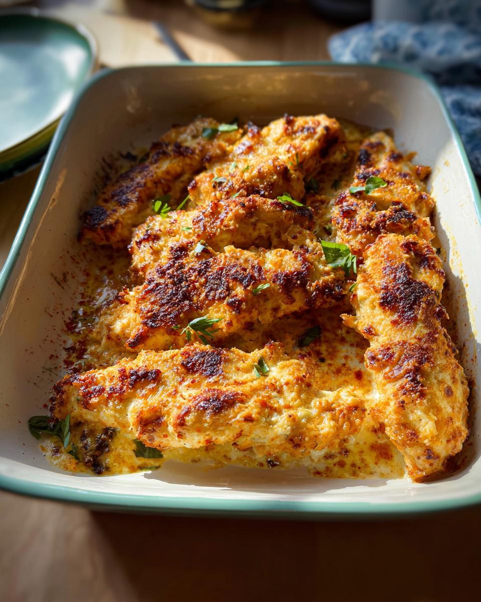 Close-up of baked chicken tenders coated in a golden, crispy topping swimming in a creamy sauce, ready to serve for Melt In Your Mouth Chicken.