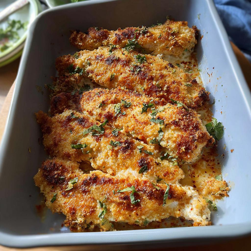 Four pieces of golden brown, breaded Melt In Your Mouth Chicken baked in a light blue casserole dish, topped with herbs.