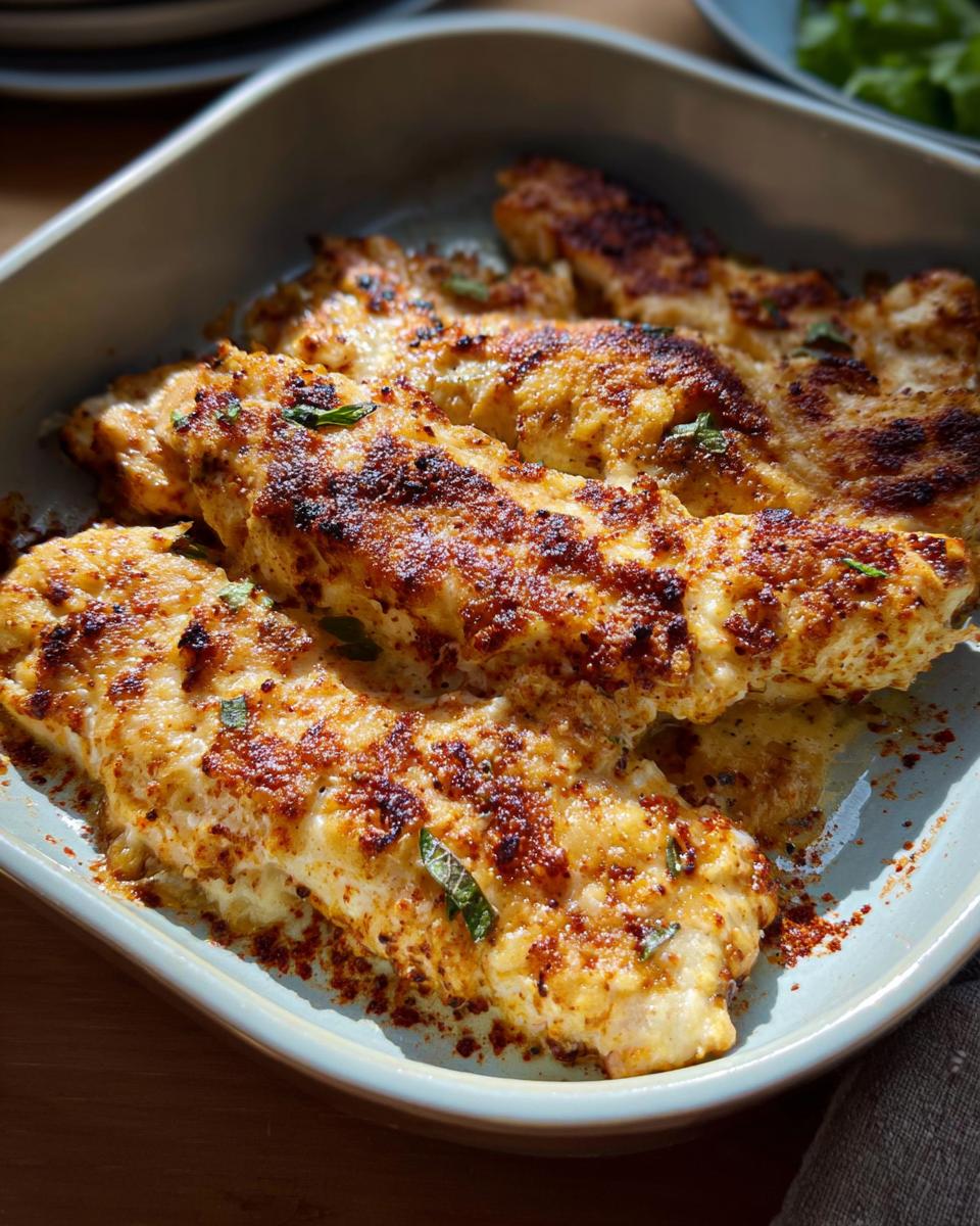 Close-up of three baked chicken breasts with a golden-brown, slightly charred, creamy topping, ready to serve as Melt In Your Mouth Chicken.