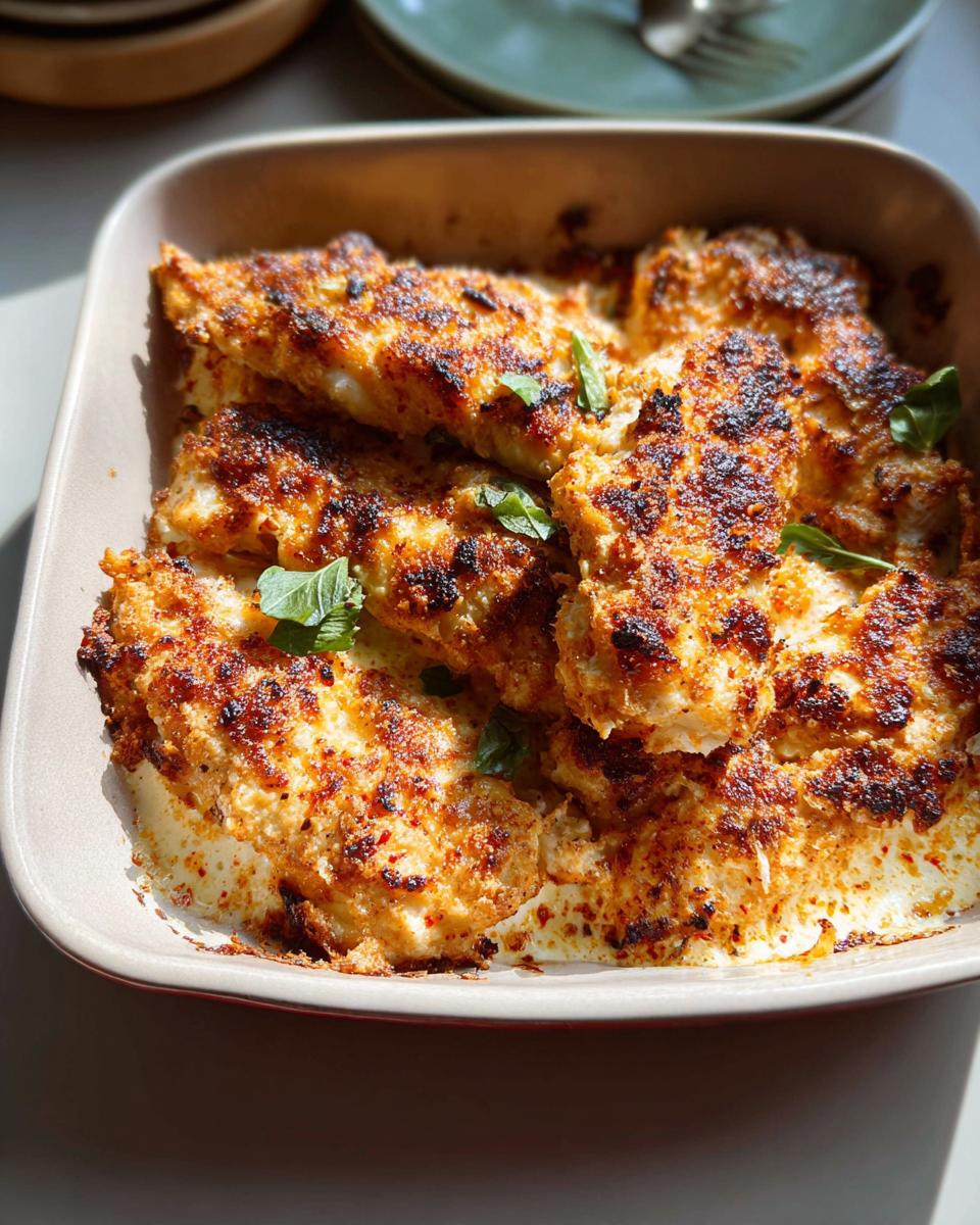 Baked chicken pieces with a crispy, browned topping resting in a creamy sauce, ready to serve for Melt In Your Mouth Chicken.