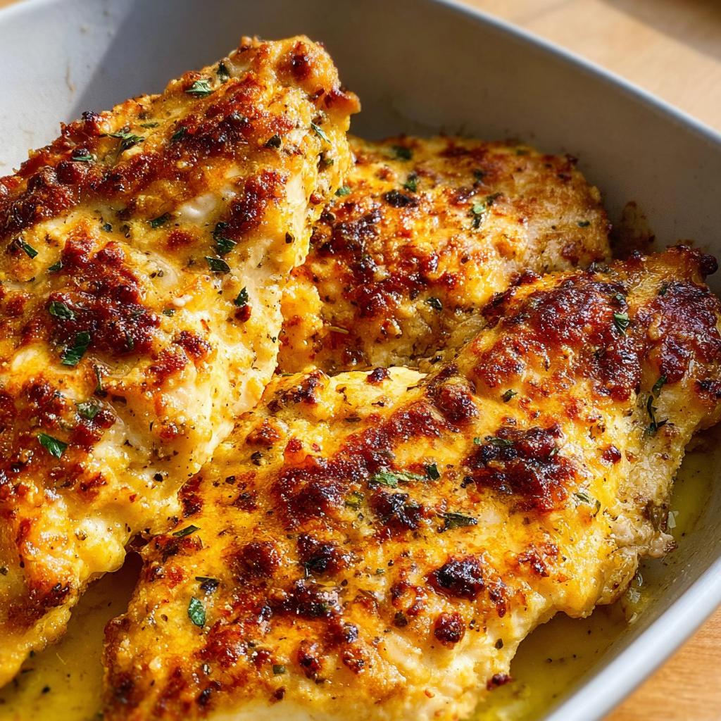 Close-up of three baked chicken breasts featuring a golden, browned, cheesy crust, ready to be served for Melt in Your Mouth Chicken.