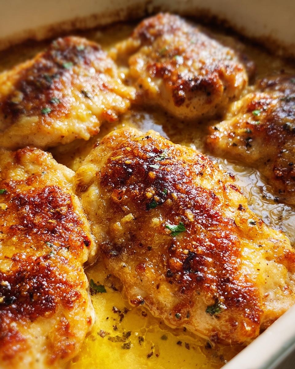 Close-up of several golden-brown Melt in Your Mouth Chicken pieces baking in a rich, buttery sauce.