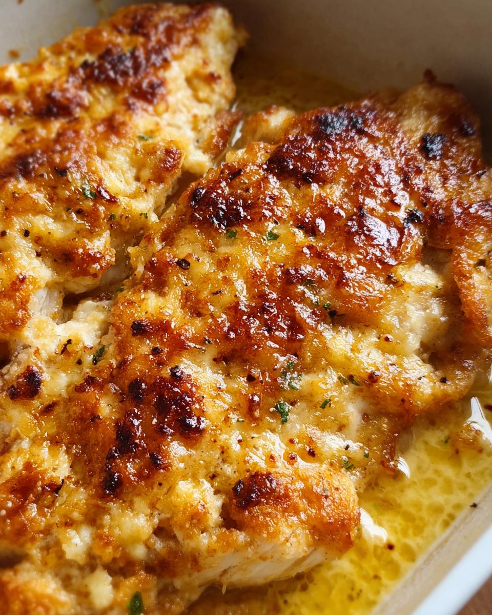 Close-up of golden-brown, cheesy Melt in Your Mouth Chicken swimming in rich, buttery sauce.