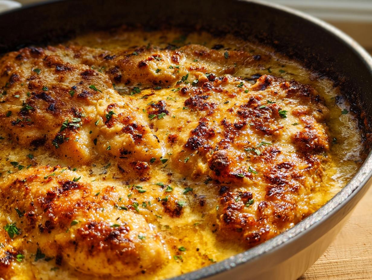 Close-up of golden-brown Melt in Your Mouth Chicken baked in a creamy, cheesy sauce in a cast iron skillet.