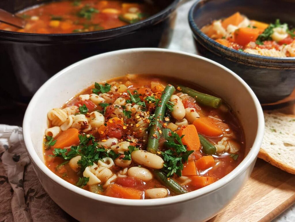 A bowl of hearty minestrone soup with pasta, beans, green beans, and carrots, a perfect choice for Best Dinner Ideas 2025.